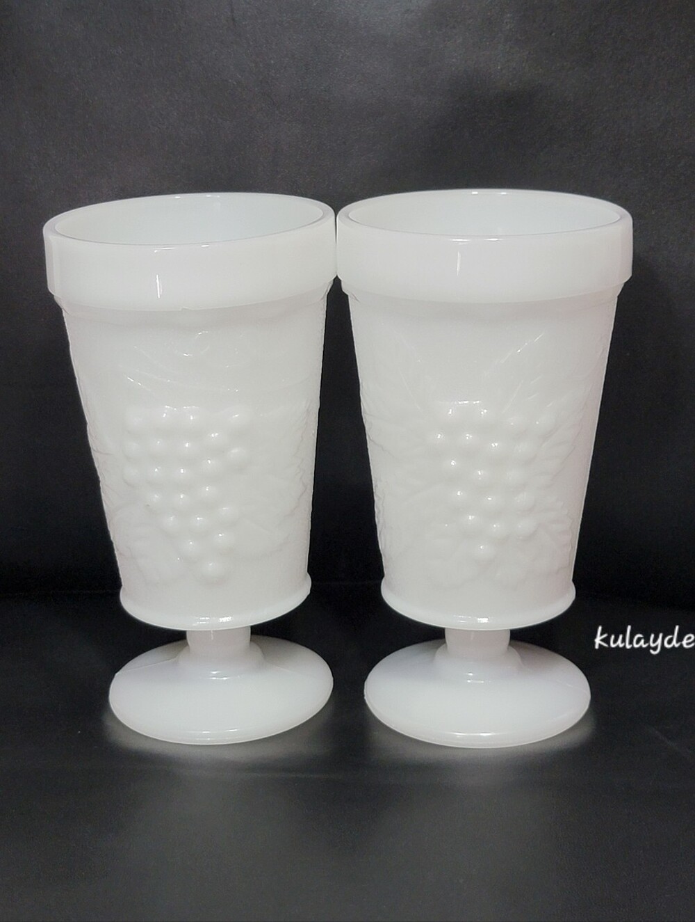 Vintage Pedestal White Milk Glass Harvest Grape Footed Goblets Set of 2 Embossed